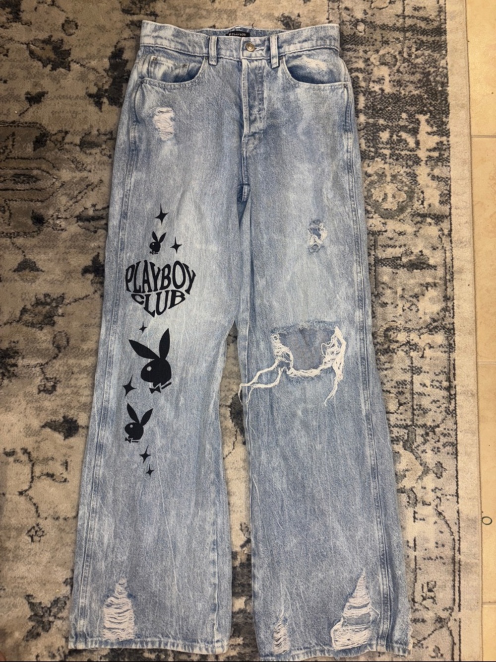 PLAYBOY Light Blue Distressed Jeans with Black Bunny Graphics